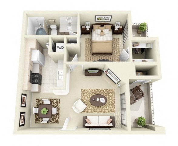 Floor plan for 1 bed, 1 bath, 621 sqft